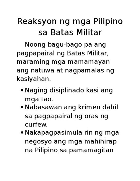 Reaksyon ng mga Pilipino sa Batas Militar.